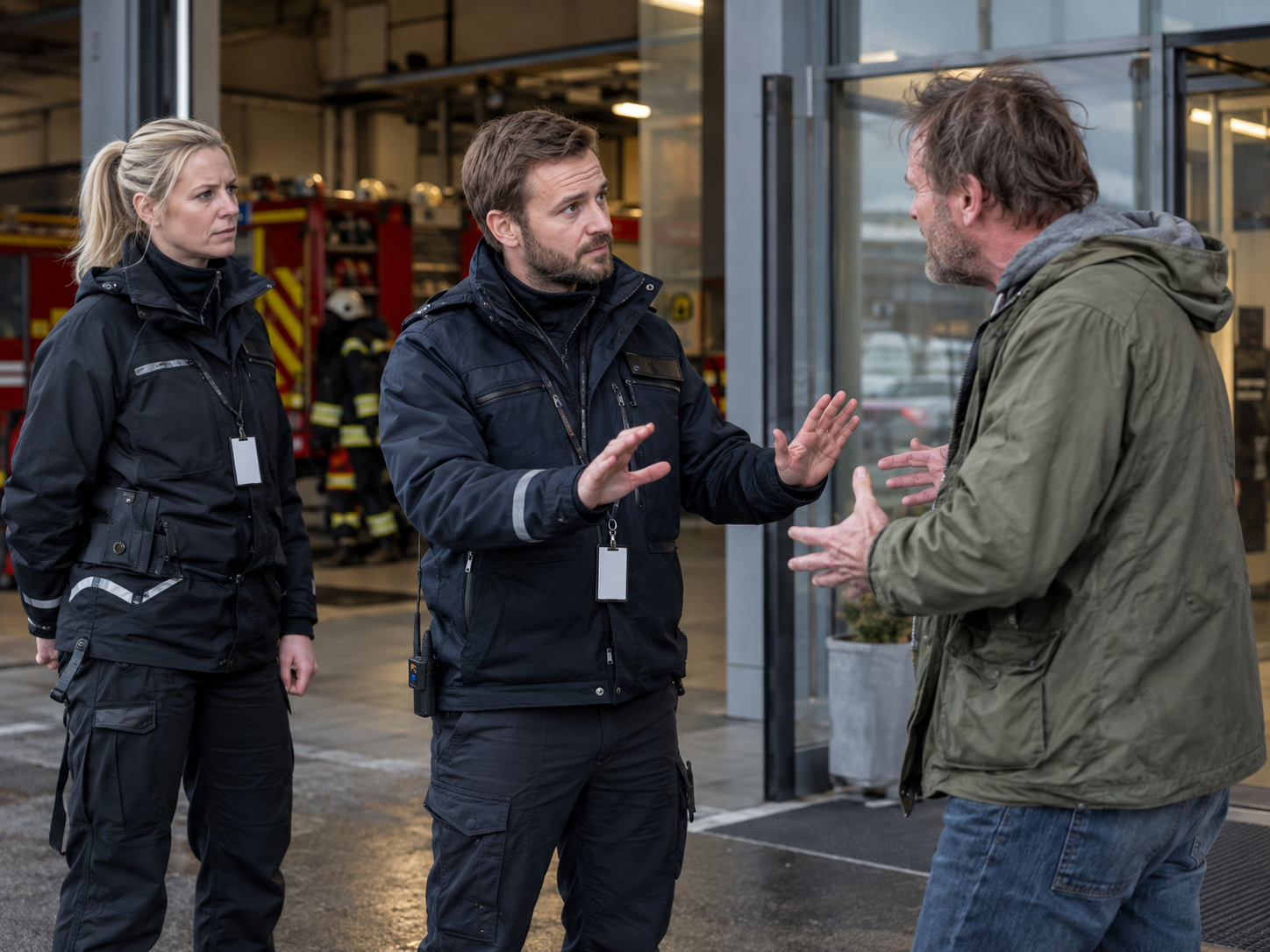 Illustrerende scenario med beredskapspersonell som deeskalerer en krevende situasjon utenfor en brannstasjon
