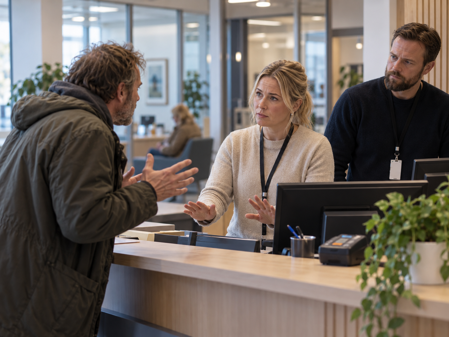 Illustrerende scenario med ansatte som deeskalerer et krevende publikumsmøte ved en resepsjon