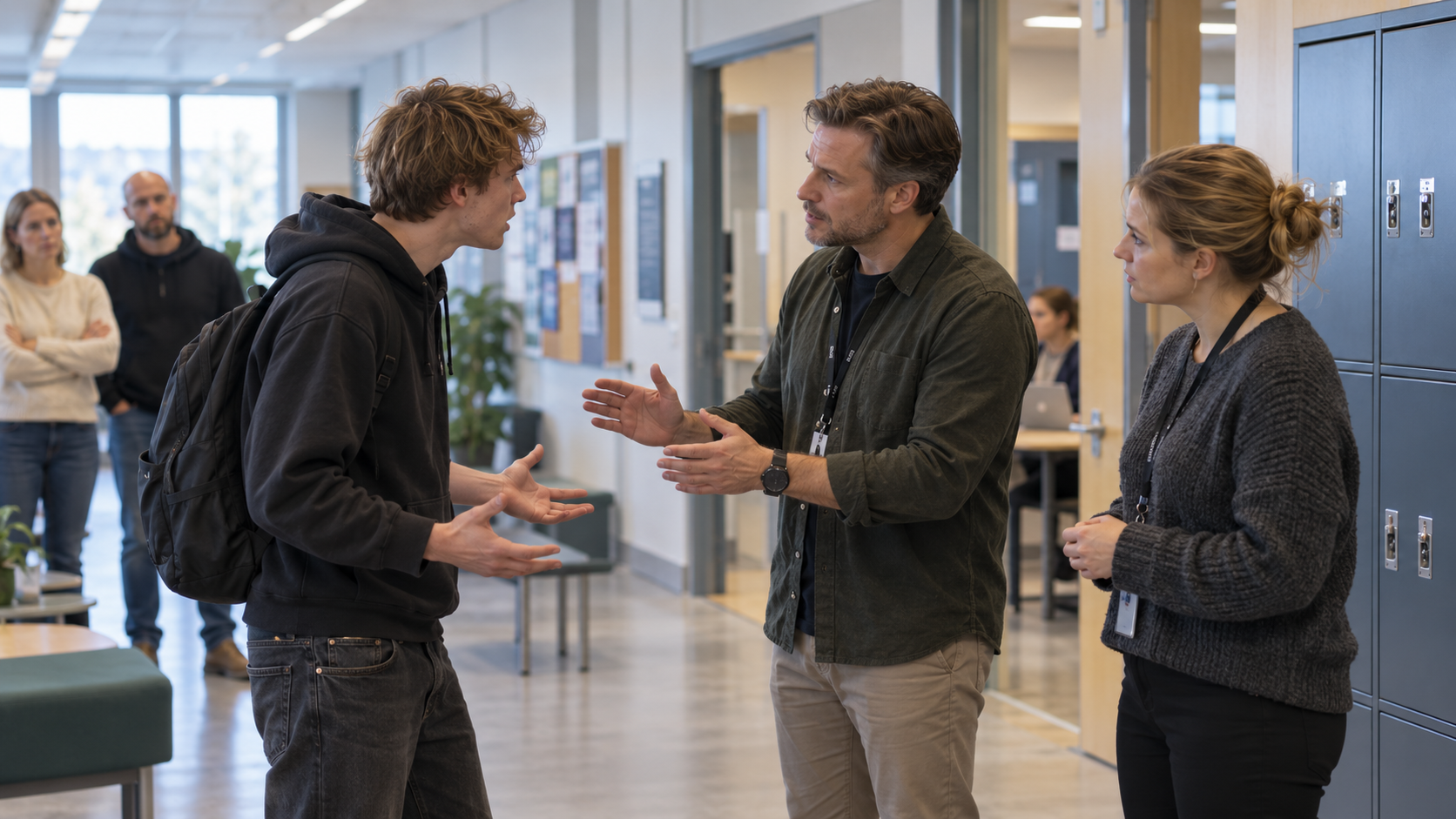 Illustrerende scenario med en ung voksen og to skoleansatte i en krevende situasjon i en skolekorridor